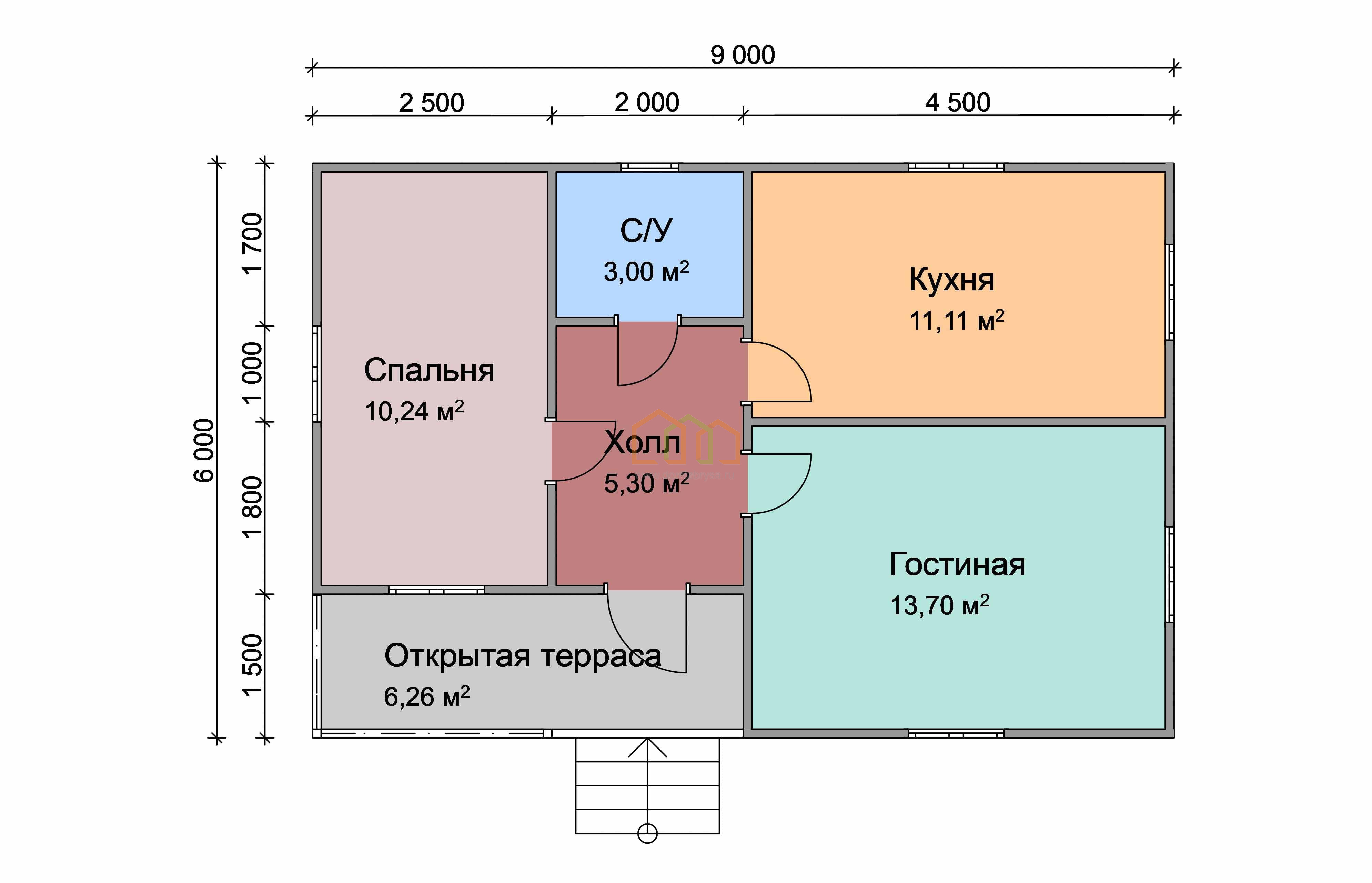 Дом из бруса одноэтажный 6х9 купить в Пскове цена 1090000, площадь: 54 м2,  Брус 90х140 мм. с террасой